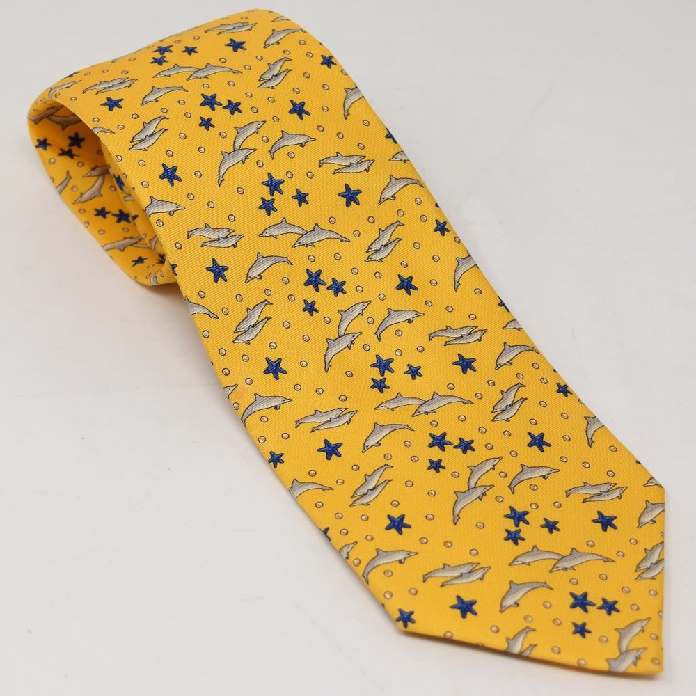 Lancel Paris Necktie Dolphin Starfish Silk Yellow Whimsy Marine Mammal Ocean Fun - Picture 2 of 13